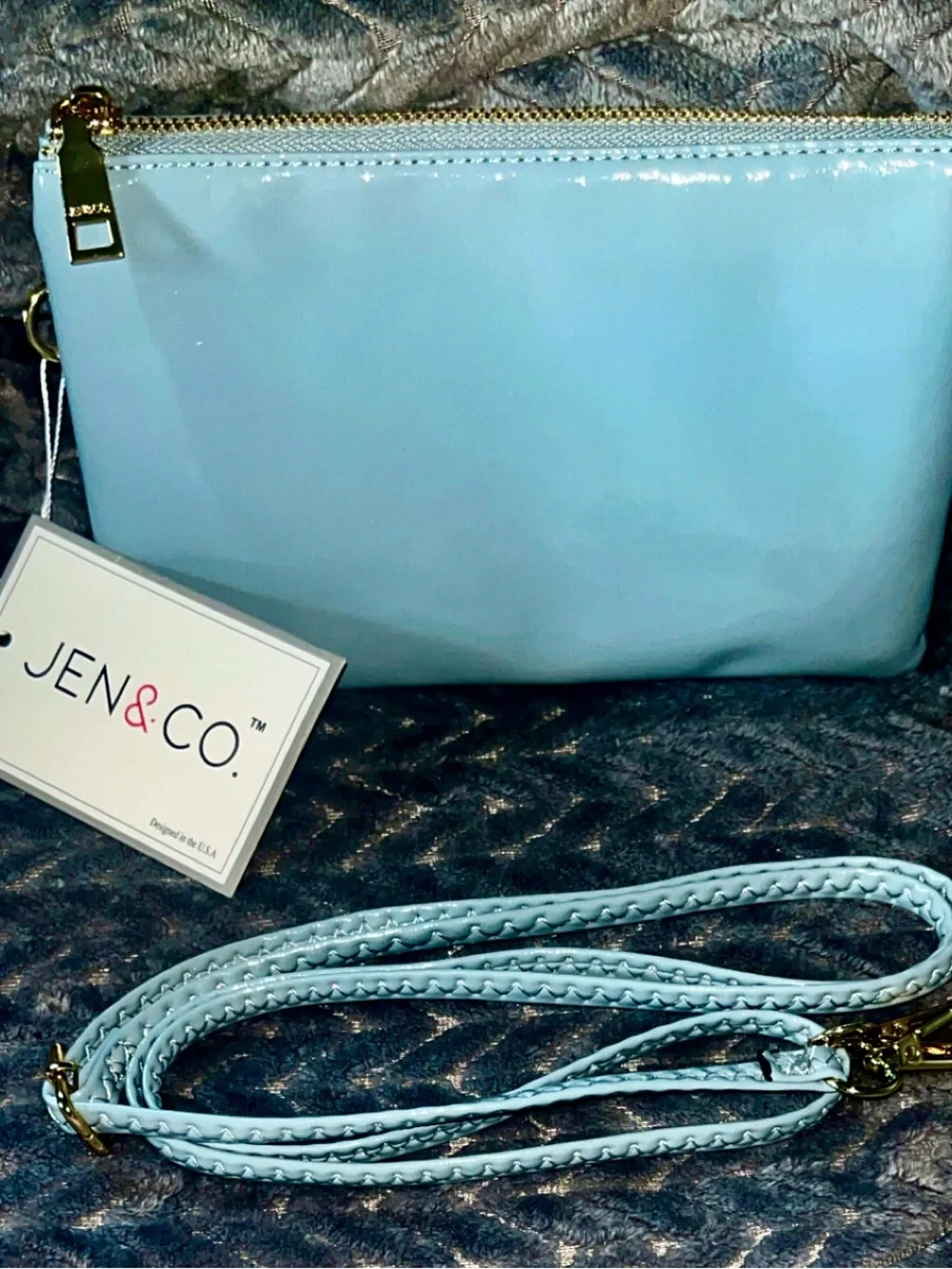 NWT Jen & CO. Vegan Light Blue Braided Adjustable Strap Crossbody Wristlet Bag